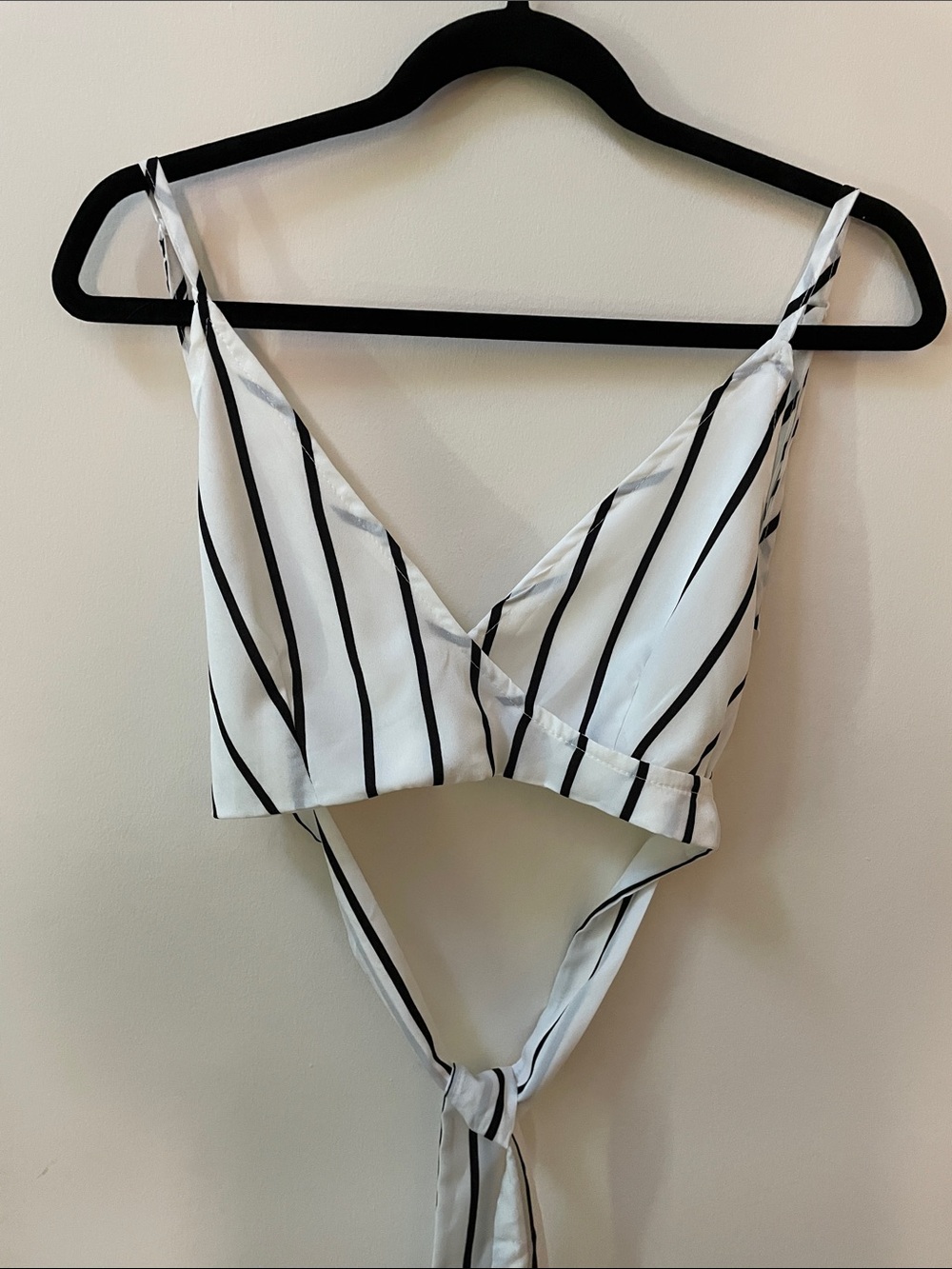 White & Black Vertical Stripe Tie-Back Crop Top